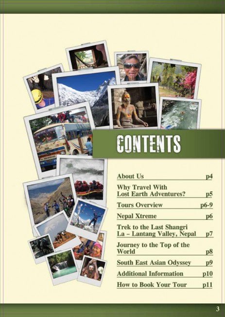 Lost Earth Adventures travel brochures contents page