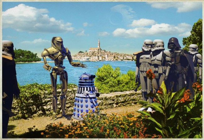 Darth Vader and Dalek retro postcard