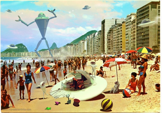 Beach UFO retro postcard