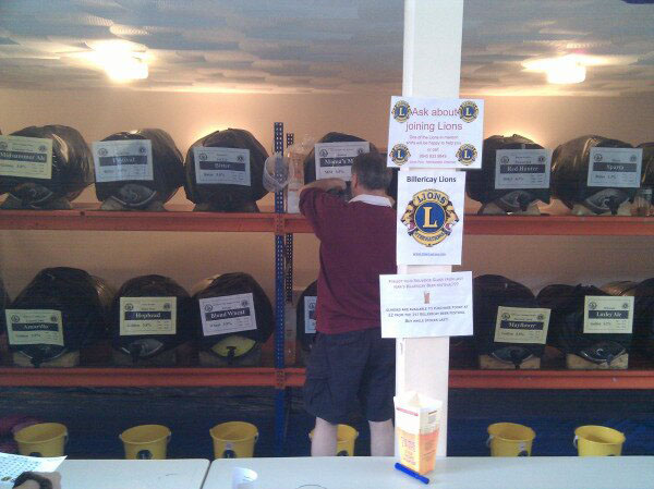 Barrels of beers and cider under a makeshift building at Billericay FC's beer festival in 2011