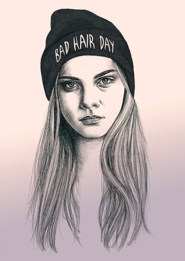 Cara Delevingne drawing of her head and long hair wearing a 'bad hair day' cap