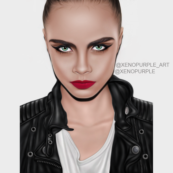 Sharp drawing and graphically altered close-up portrait of Cara Delevingne with smokey, catwoman eyes and biker jacket