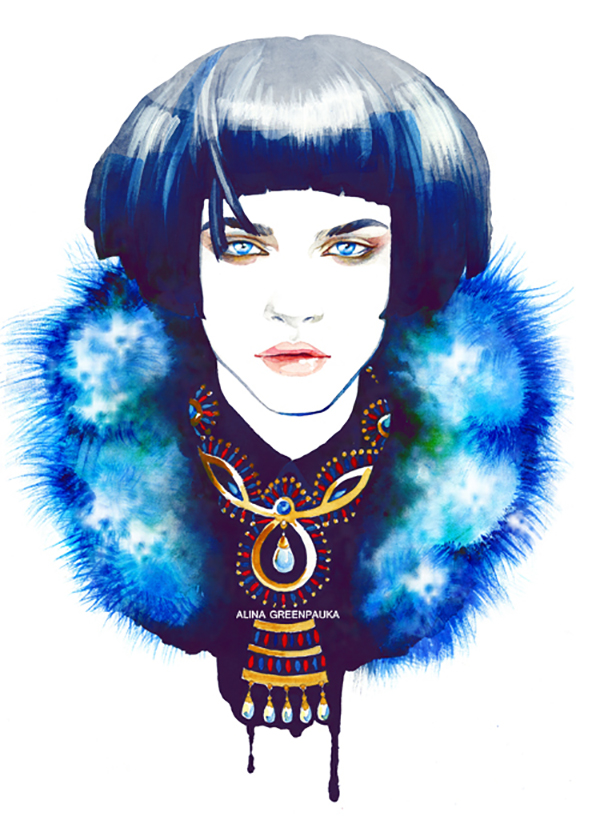 Sassy and posh brightly coloured sketch of Cara Delevingne with short, blue hair and fringe.