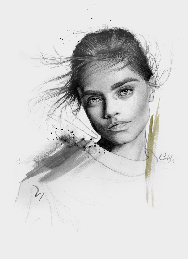 Beautiful and pretty, soft sketch of supermodel Cara Delevingne