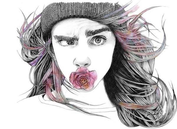 Pretty sketch of Cara Delevingne with her infamous bobble hat and eyebrows, with a pink rose in her mouth and a funny expression on her face