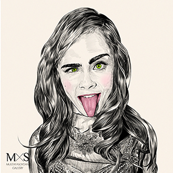 Sketch with Cara Delevingne sticking her tongue out with bright, green eyes