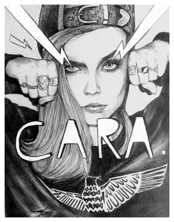 Comic strip style sketch of Cara Delevingne pumping her fists out with two drawn lightning posts 