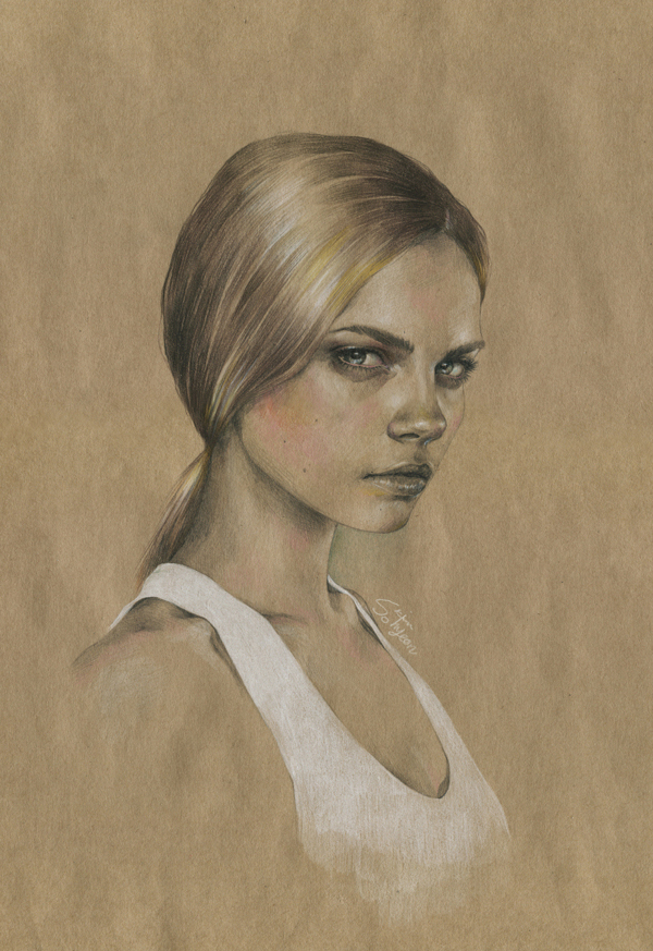 Drawing of Cara Delevingne on thick paper wearing a white vest top