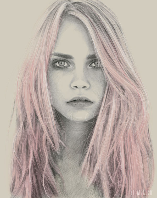 Drawing of Cara Delevingne with wispy, pink hair. 