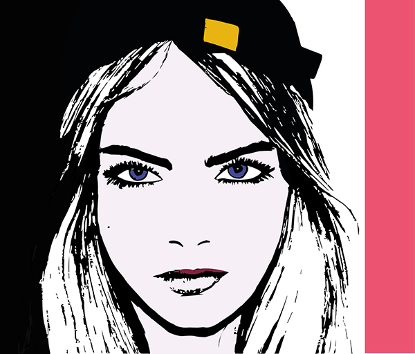 Dramatic, blog sketch of Cara Delevingne in black, white, gold and pink striking colours