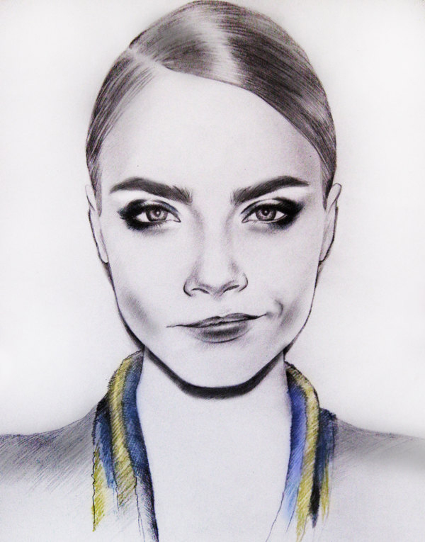 Close up sketch of Cara Delevingne pulling a pouty face out the side of her mouth and with a colourful neckline