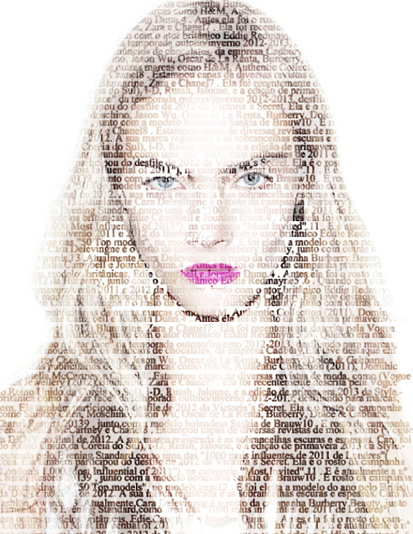 Quirky and original graphic design drawing of Cara Delevingne made up of loads of differente typographies