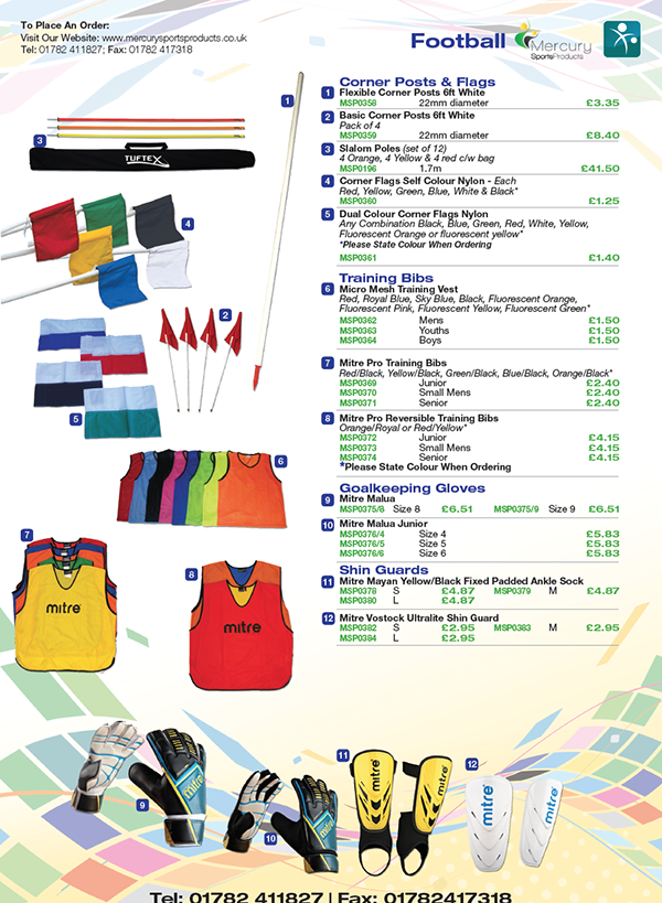 Mercury Sports Products catalogue printed by Solopress - inside brochure page showing football bibs, sideline flags and gloves.