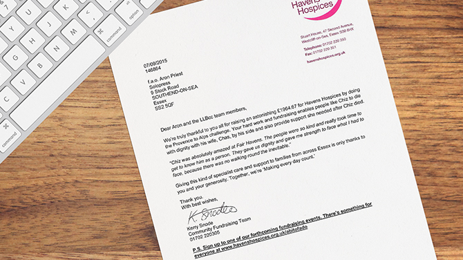 Havens Hospices Thank You Letter